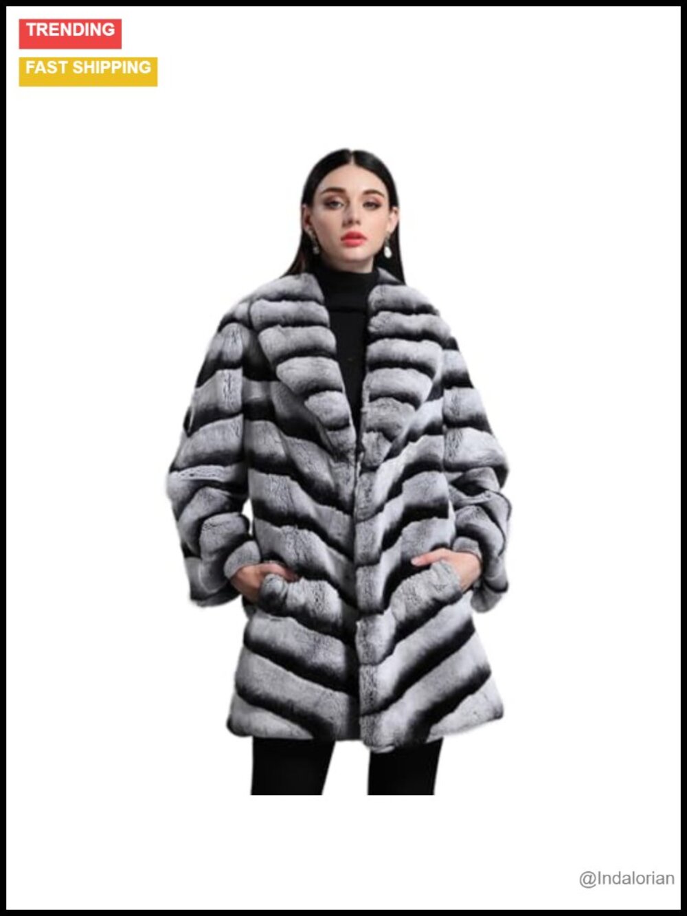 Real Rex Rabbit Fur Coat Striped Long Overcoat Winter Warm Outerwear